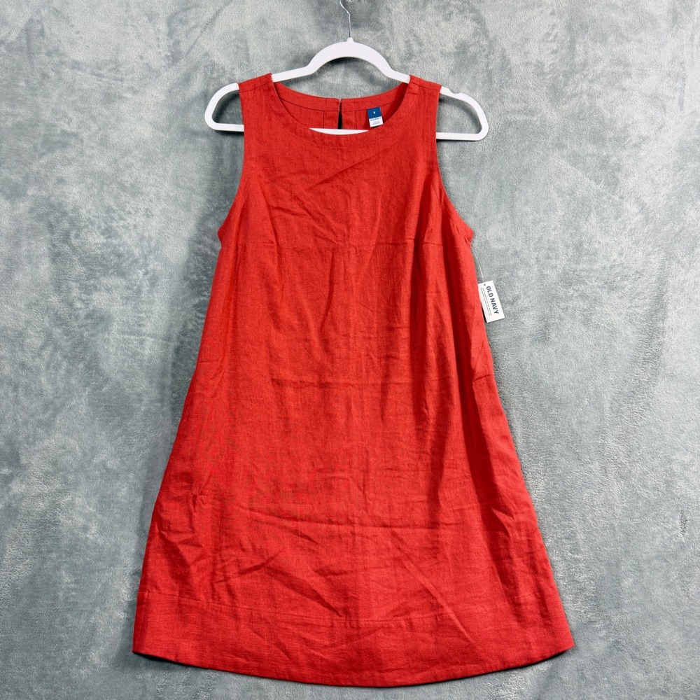 Old Navy Womens S Brick Red Linen Blend Sleeveless Midi Shift Dress Pockets Boho